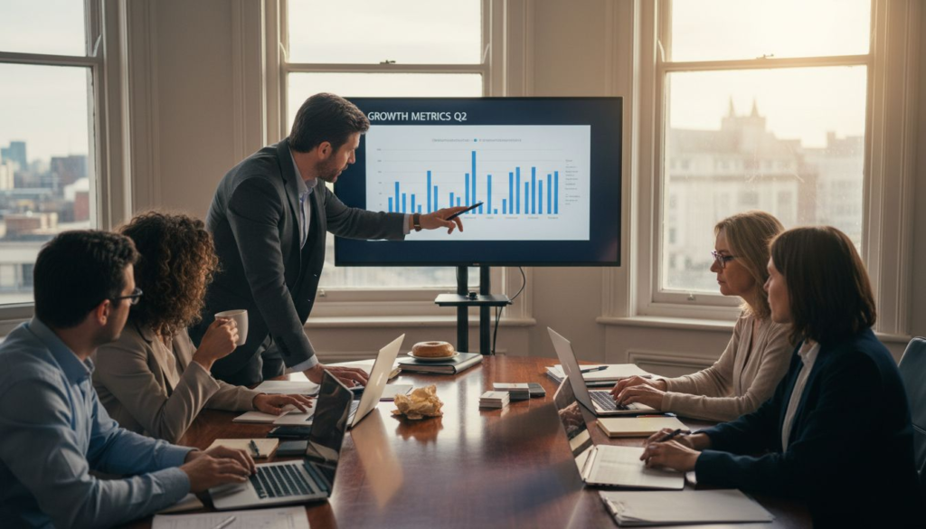 Sales team discussing strategy in bright office