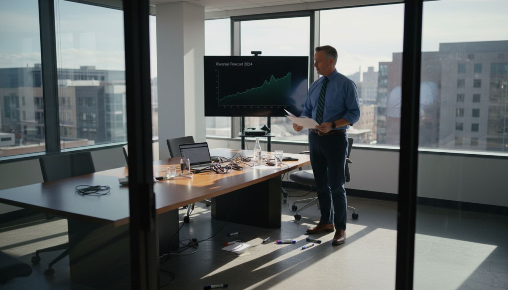 Sales director reviewing revenue forecasts in office