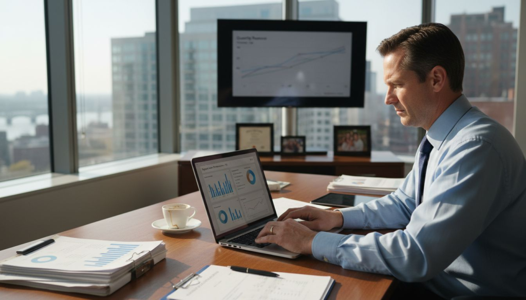Executive reviewing quarterly sales forecast in corner office