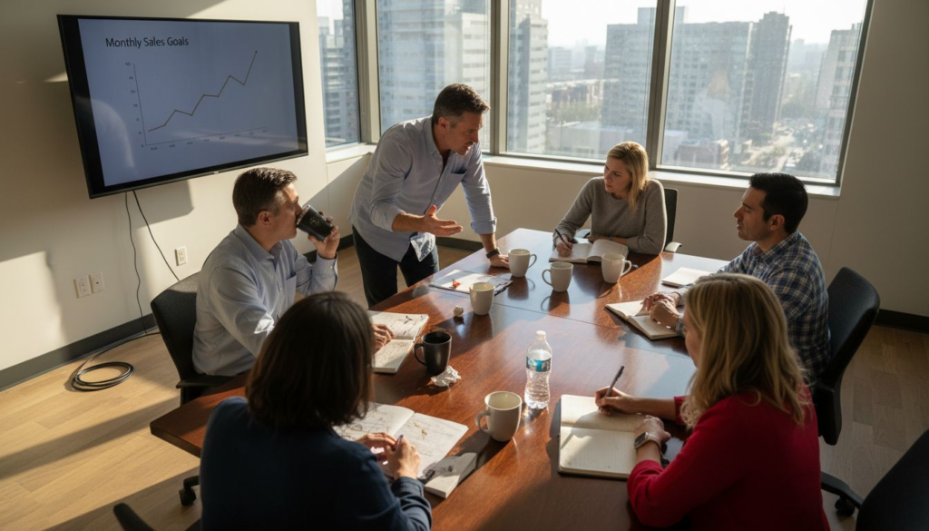 Sales team meeting about sales targets in corner office