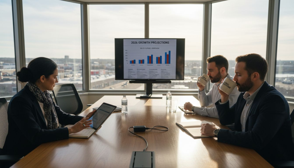 Team reviewing sales funnel growth chart