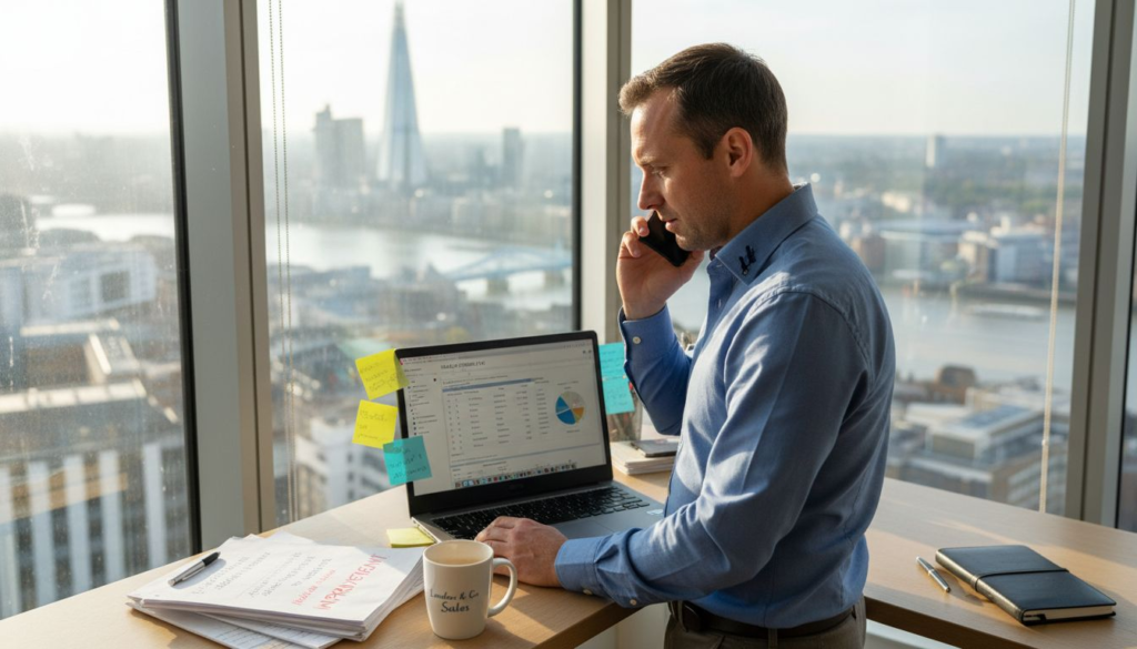 Sales leader multitasking in UK office
