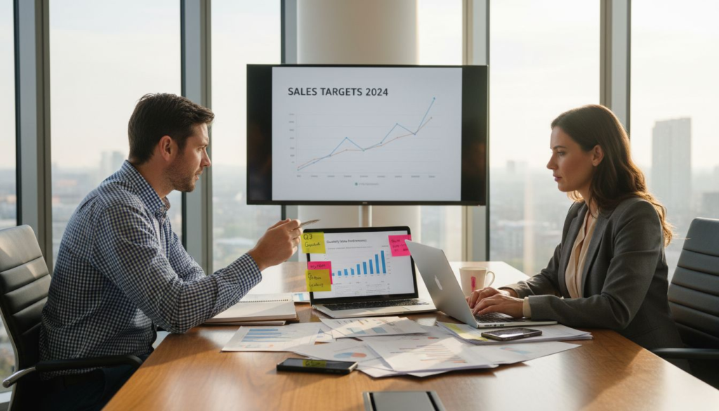 Sales managers discuss strategy in corner office