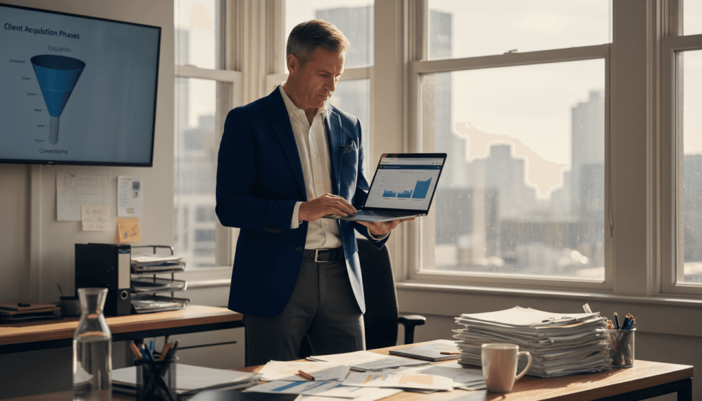 Sales executive tracking client acquisition workflow