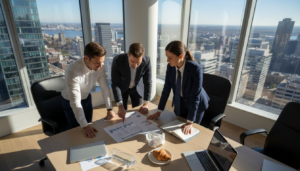 Sales directors meeting in sunlit office