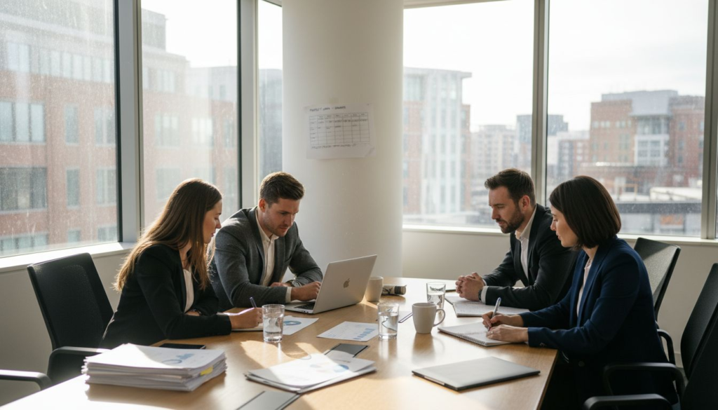 Sales team discussing quotas in corner office