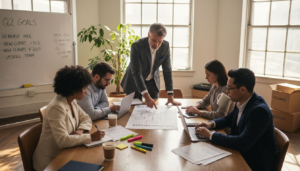Sales leaders collaborating over strategy in busy office