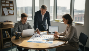 Team reviewing sales growth plan in office