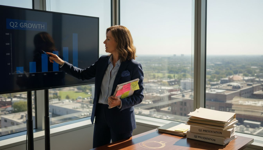 Sales leader reviewing growth results in office