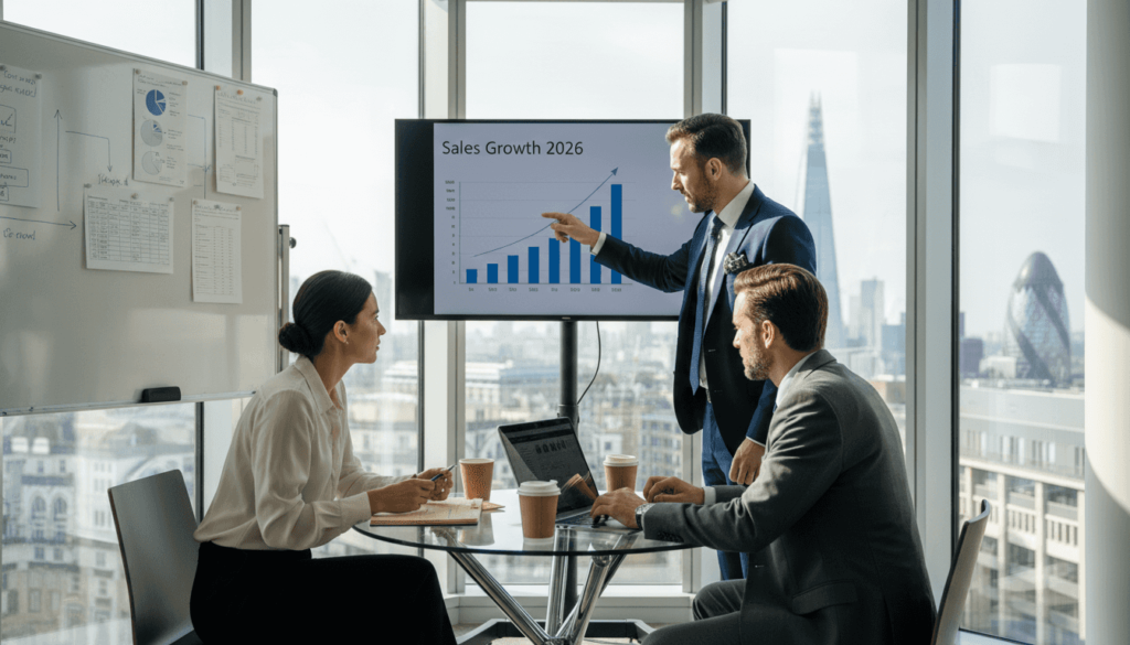 Sales team reviewing 2026 UK growth strategy