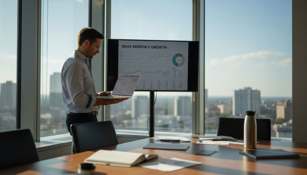 Sales manager reviewing SaaS sales figures