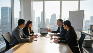 Sales team coaching workshop in corner office