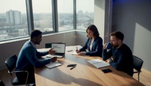 Team discussing value proposition in office