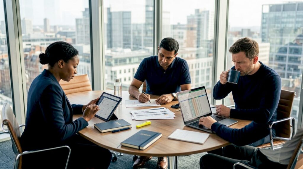 Sales team reviews funnel metrics in glass office