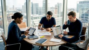 Sales team reviews funnel metrics in glass office