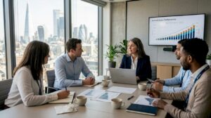 Sales team reviewing performance in London office