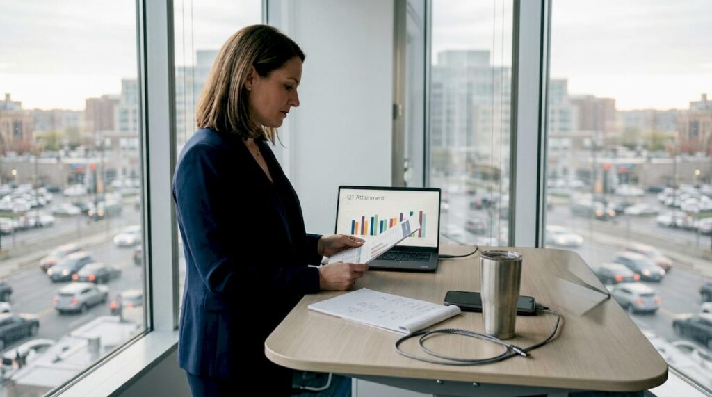 Sales leader checking printed sales report