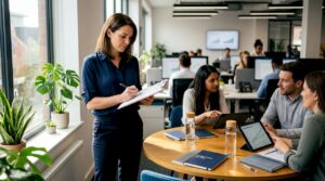 Sales manager reviews checklist with team