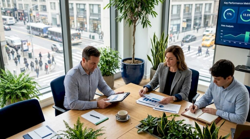 B2B sales team reviewing pipeline in office