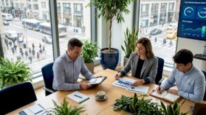 B2B sales team reviewing pipeline in office