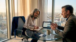 Sales consultant and client discussion in corner office