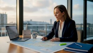 Sales manager reviewing territory map at desk