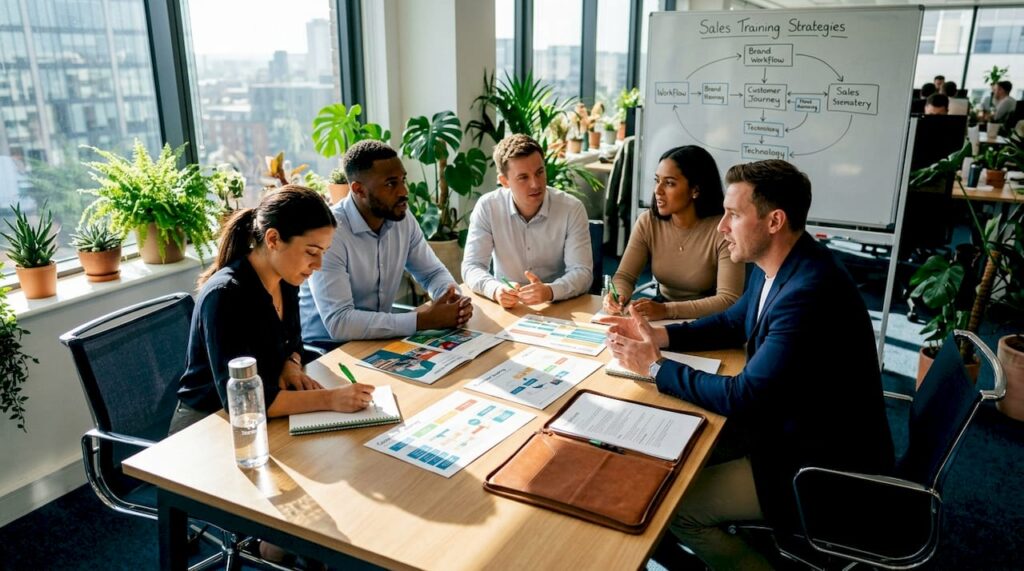Sales team reviewing training workflow in office