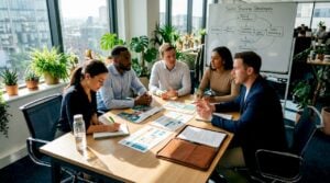 Sales team reviewing training workflow in office