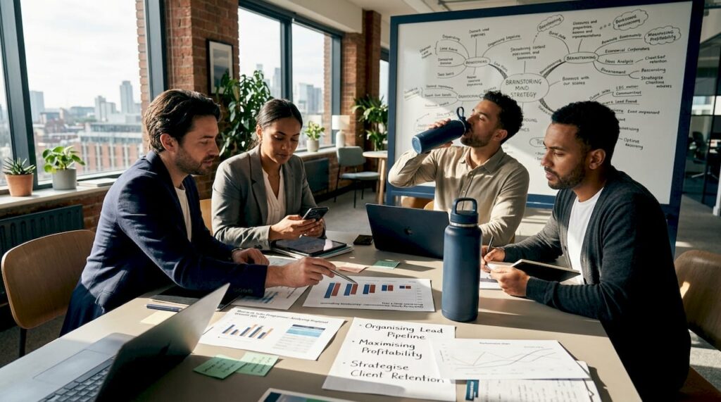 Sales team in corner office reviewing strategy
