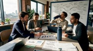 Sales team in corner office reviewing strategy