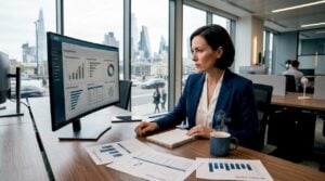 Sales manager analyzing performance metrics at office desk