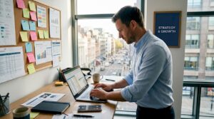 Sales rep acts fast at standing desk