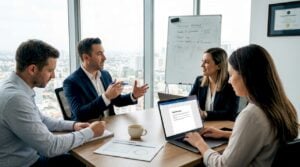 Sales professionals in consultative team meeting