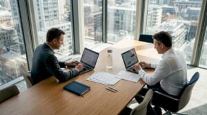 Managers working in business strategy meeting