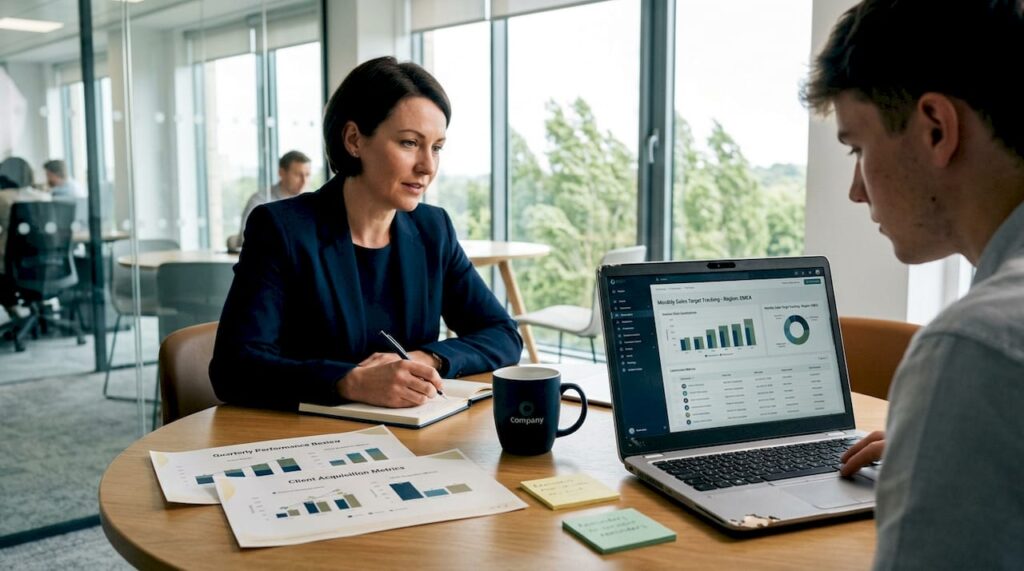 Sales manager coaching a rep in glass office