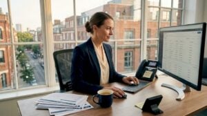 Sales manager reviews pipeline at office desk