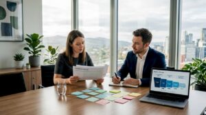 Sales team reviewing pipeline printouts in office