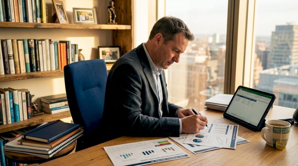 Business leader reviewing client retention reports