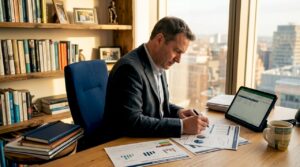 Business leader reviewing client retention reports