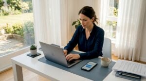 Sales professional at desk managing follow-up workflow