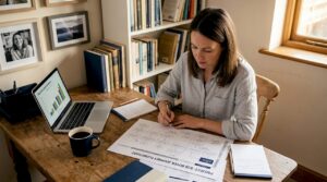 Marketer reviewing buyer journey flowchart at desk