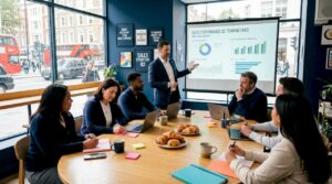 Sales team engaged in a motivational meeting