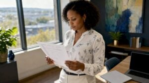 Woman reviewing sales skills checklist at desk