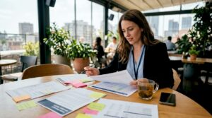Sales manager reviewing enablement strategy documents