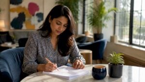 Sales manager reviewing sales call scripts at desk