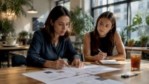 Two professionals reviewing account management plans