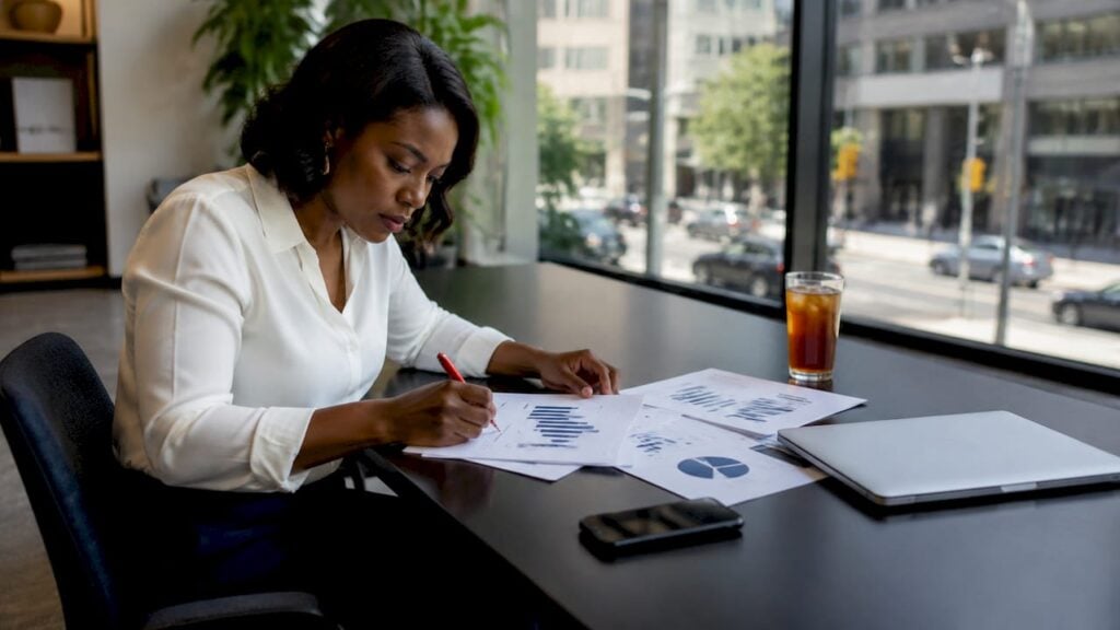 Sales consultant reviewing sales metrics at table