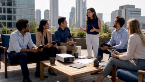 Sales team in training session around table
