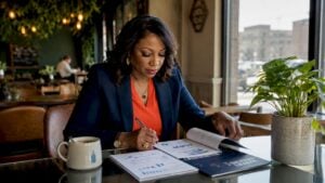 Businesswoman reviewing market penetration strategy documents
