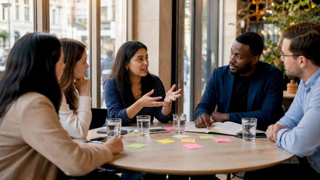 Sales team collaborating in glass conference room